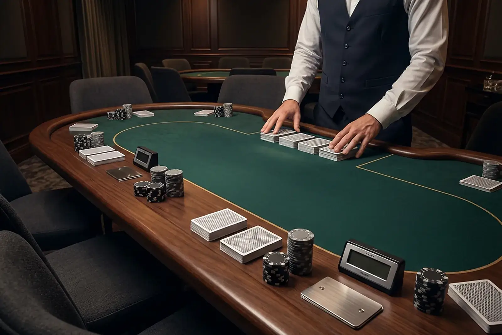 Professional dealer practising card and table procedure