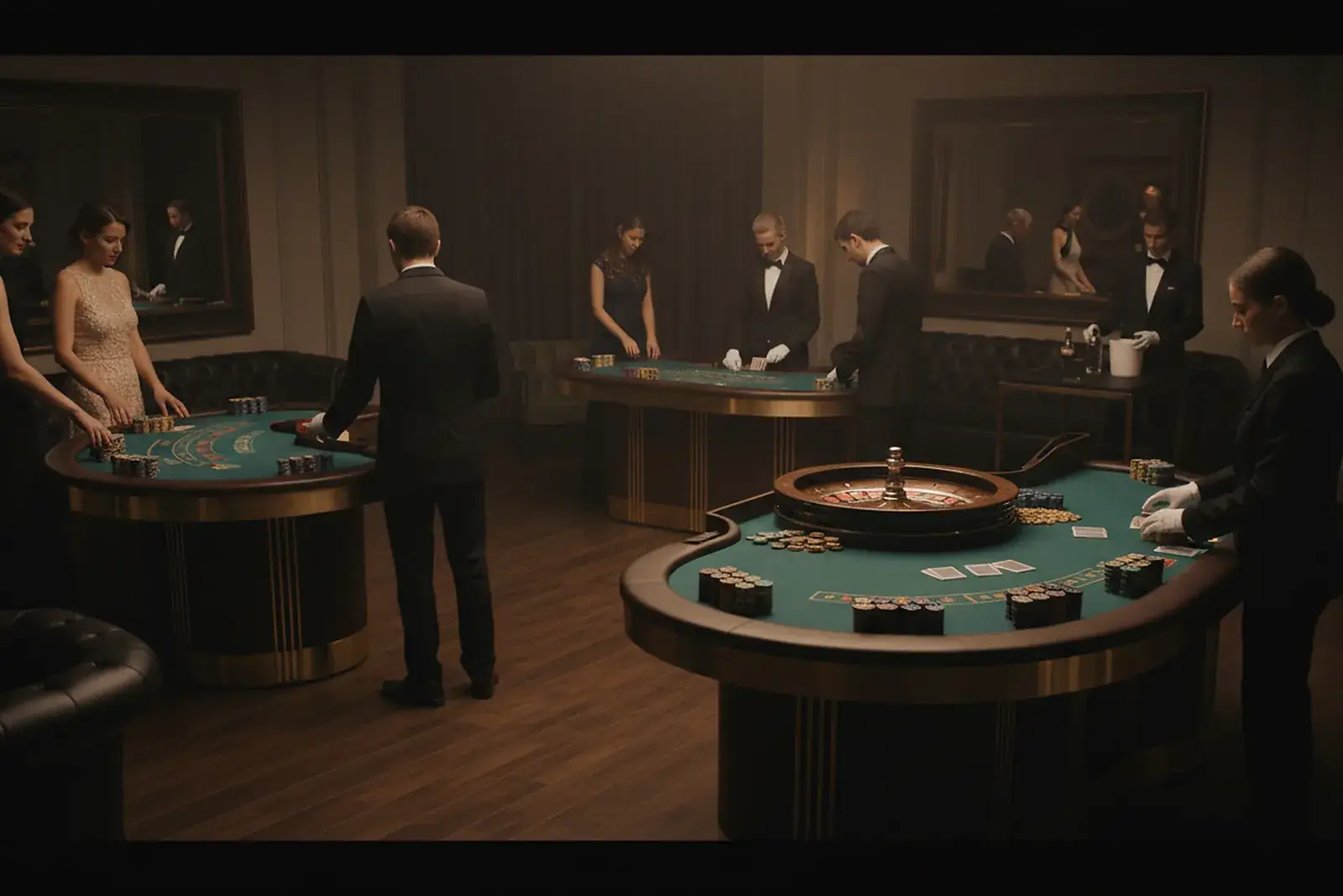 Professional dealers working across poker and roulette tables