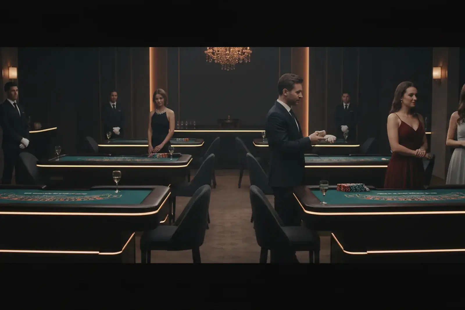 Professional casino-style team working in a premium training environment