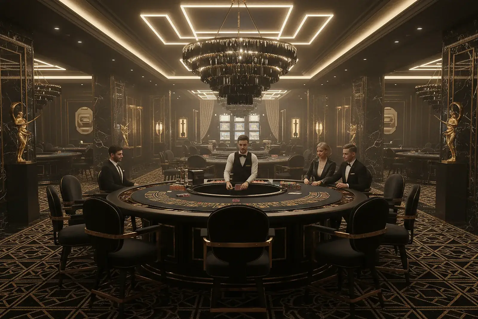 Elegant casino-style entertainment room with professional tables